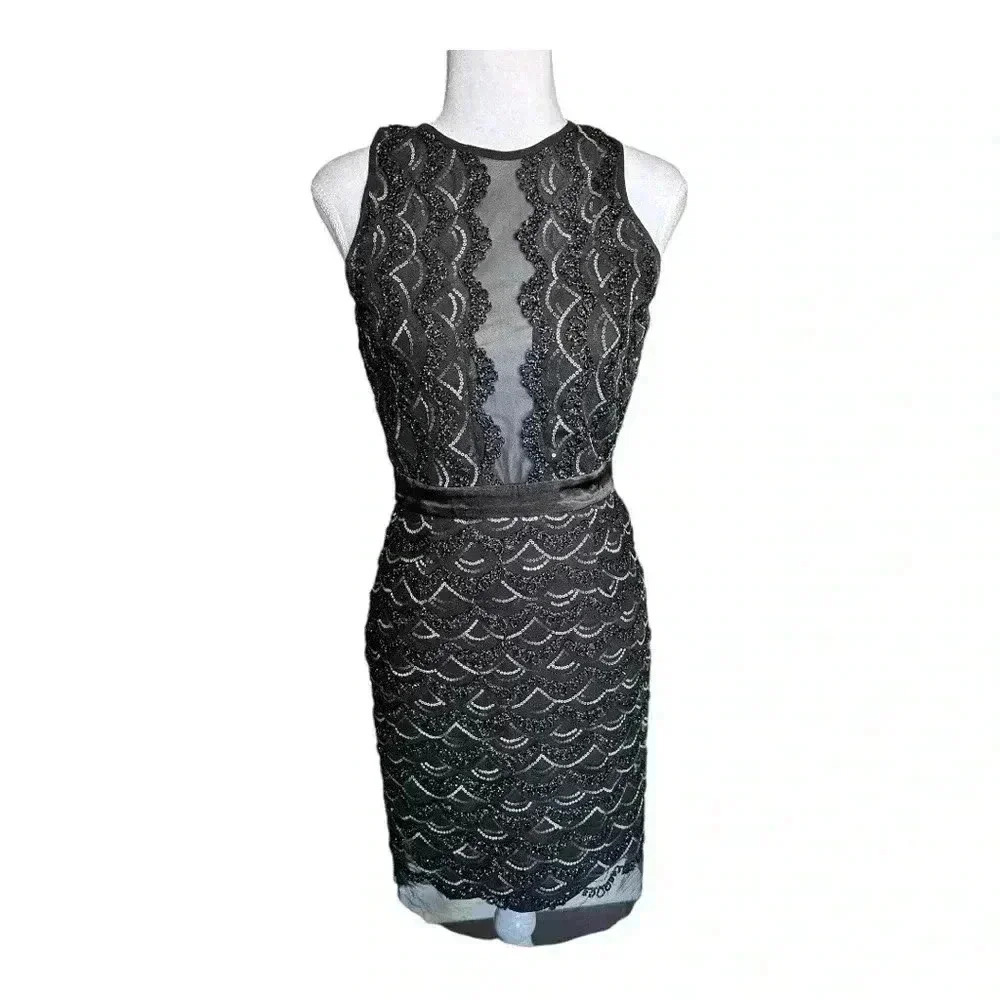 TFNC High Neck Mini Scallop Black & Silver Sequin Fitted Dress Women’s 6 - Picture 4 of 11
